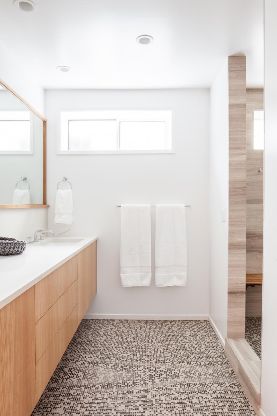 Modern White Bathroom Features Brown, Modern White Tile Bathroom