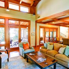 Family Room Features Warm Wood Ceiling & Cozy Furnishings