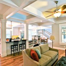 Bright & Open Living Room Features Coffered Ceiling