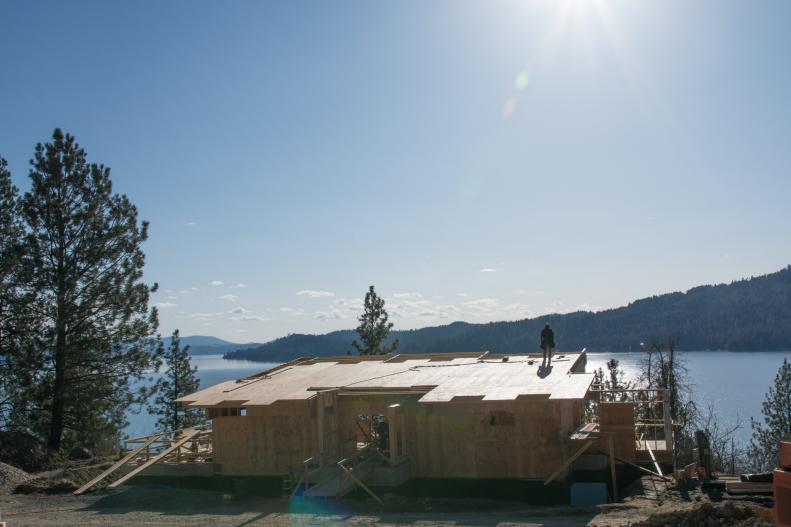 DIY Network Blog Cabin 2015, a modern mountain retreat in Coeur dâ  Alene, Idaho, during the framing phase of construction.