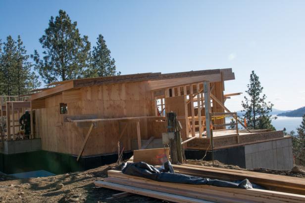 DIY Network Blog Cabin 2015, a modern mountain retreat in Coeur dâ  Alene, Idaho, during the framing phase of construction.