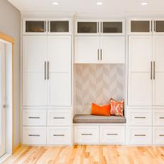 Gray and White Transitional Mudroom With Built-In Bench