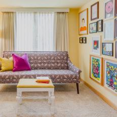 Yellow Eclectic Sitting Room With Patterned Sofa