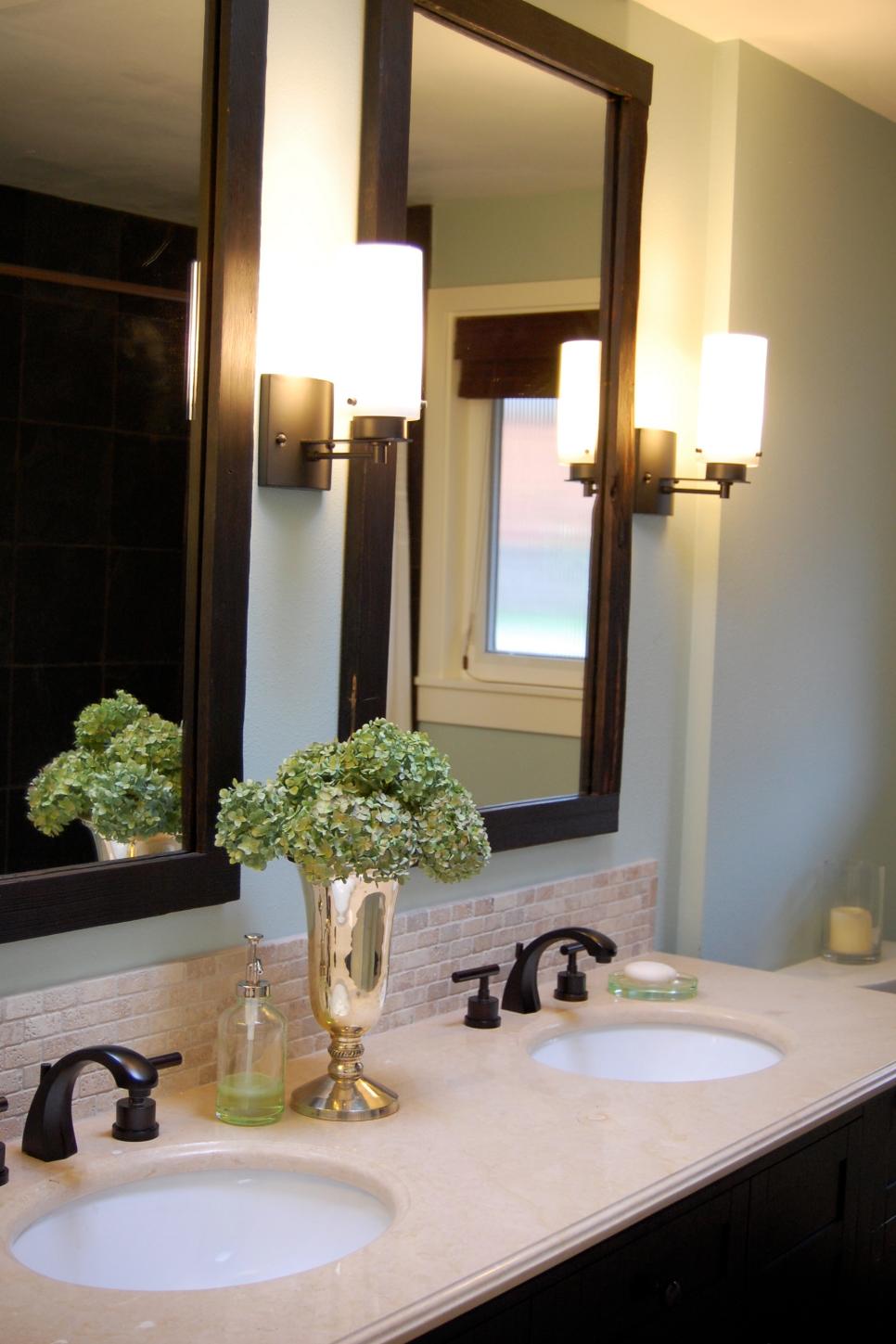 Wood Framed Mirrors and Bathroom Vanity Countertop | HGTV