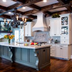 Stunning Country Kitchen Features Dark Wood Coffered Ceiling