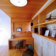 Contemporary Home Office With Built-In Desk & Wood Ceiling
