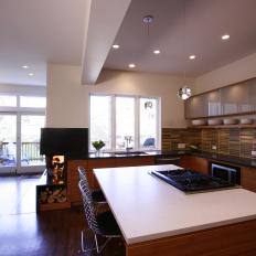 Contemporary Open Plan Kitchen With Corner Fireplace