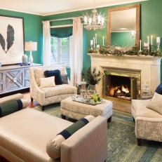 Elegant Formal Living Room Boasts Turquoise Walls