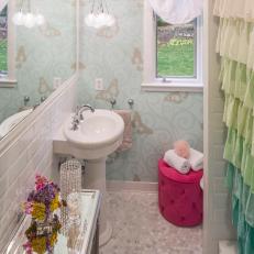 Ombre Shower Curtain in Frilly Bathroom
