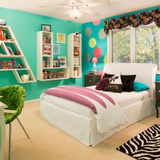 Bright Turquoise Tween's Bedroom Features Polka Dot Accent Wall