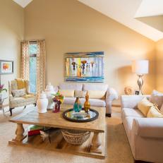Dreamy Transitional Family Room Features Soft Color Palette