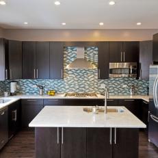 Contemporary Kitchen With Dark Cabinets & Blue Backsplash