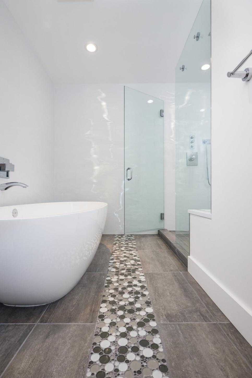 Mod White Bathroom Boasts Soaking Tub & Walk-In Shower | HGTV