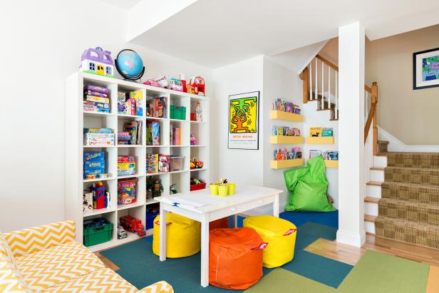 Contemporary White Playroom With Cubby Bookshelf & Kids Table
