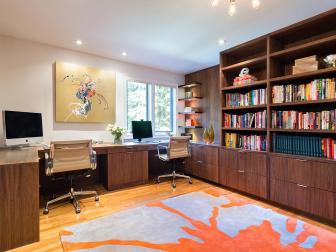 Contemporary Home Office for Two With Built-In Bookshelves