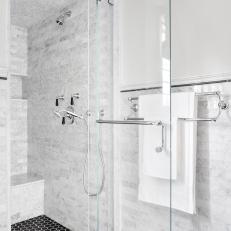 Contemporary Marble and Glass Shower Stall Updates Guest Bathroom