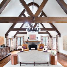 Great Room With Hotel-Inspired Chandelier & Wood Beams