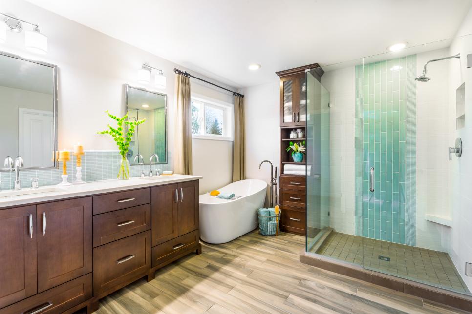 Transitional Neutral Double Vanity Bathroom With Soaking Tub & Shower