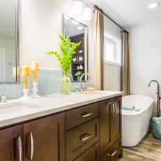 Transitional Bathroom Features Custom Cabinetry