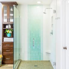 Glass-Enclosed Shower With Aqua Accent Tiles