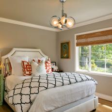 Transitional Gray Bedroom Features Funky Chandelier