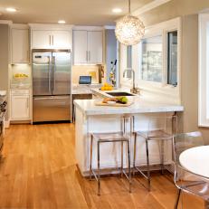 Transitional Kitchen Features Fresh White Cabinets