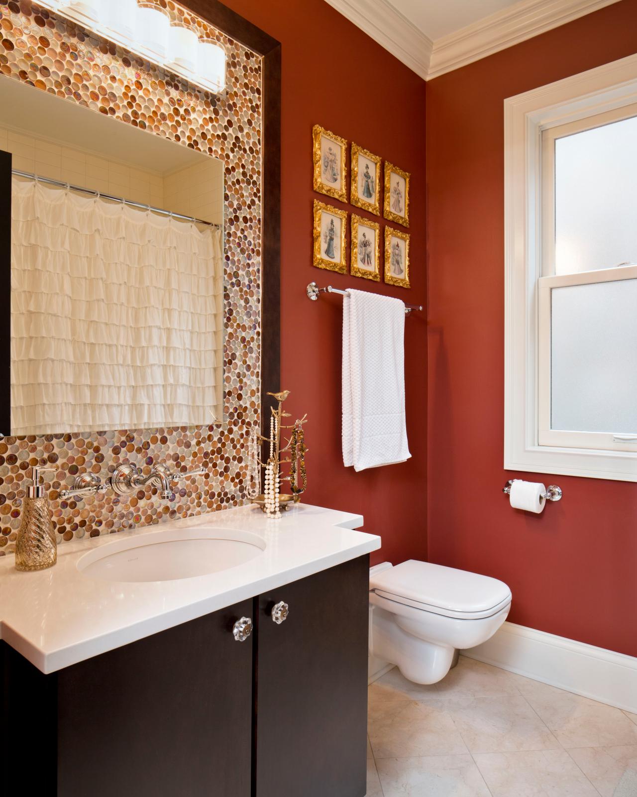 Rust Orange Bathroom Features Dotted Mosaic Tile Backsplash Hgtv