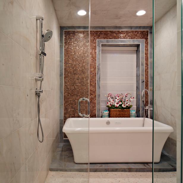 Neutral Transitional Bathroom With Walk-In Shower & White Tub