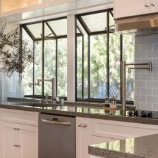 Bright & Airy Kitchen Features Angled Windows & Gray Subway Tile