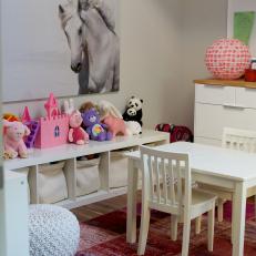 Little Girl's Playroom Features Cubby Storage & Horse Art