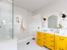 Contemporary Bathroom with Bright Yellow Cabinets