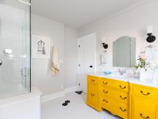 Contemporary Bathroom with Bright Yellow Cabinets