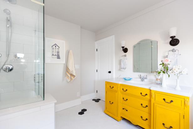 Contemporary Bathroom with Bright Yellow Cabinets