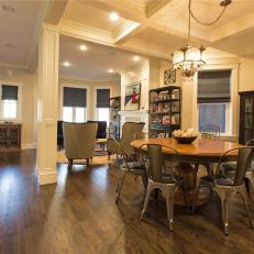 Open Transitional Dining Room Features Dark Hardwood Floor 