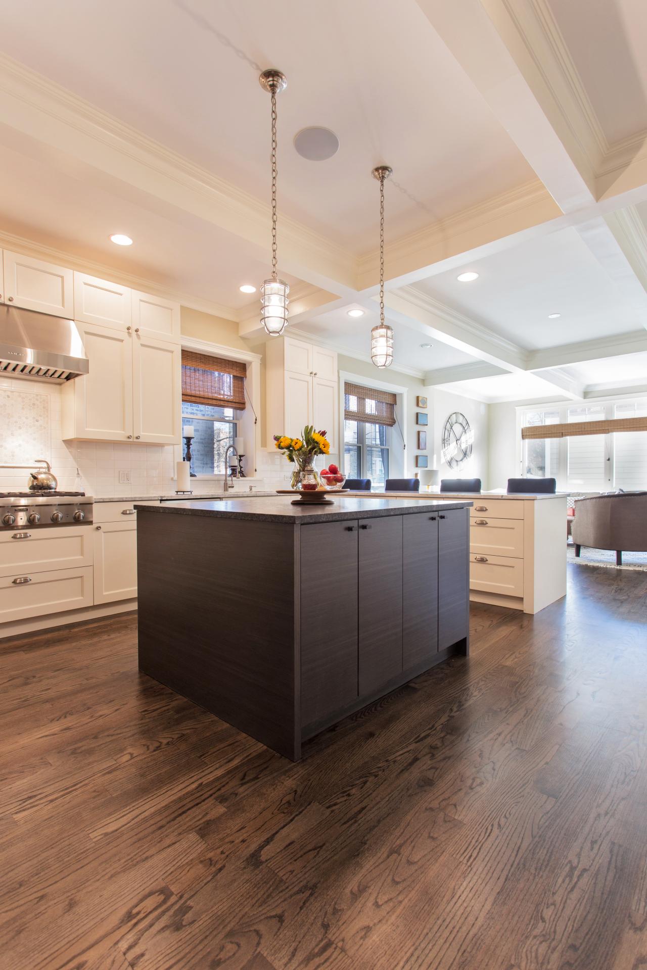 Transitional Kitchen  With Brown Island Coffered  Ceiling  