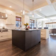 Transitional Kitchen With Brown Island & Coffered Ceiling