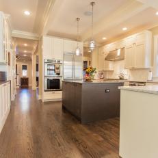 Transitional White Kitchen Boasts Coffered Ceiling