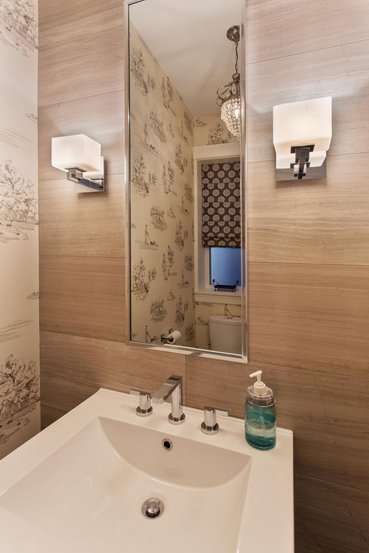 Transitional Powder Room With Woodgrain Accent Wall and ...