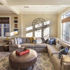 Transitional Family Room Features Neutral Palette