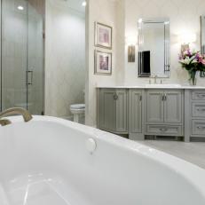 Transitional Off-White Bathroom With Freestanding Tub