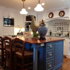 Bright French Country Kitchen Features Beautiful Blue Island