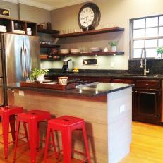 Red Metal Barstools Pop in Transitional Kitchen