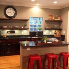 Transitional Kitchen Features Open Shelving