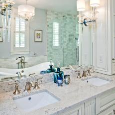 Transitional Master Bathroom Features Granite Countertops