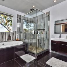 Modern White Bathroom With Striking Marble