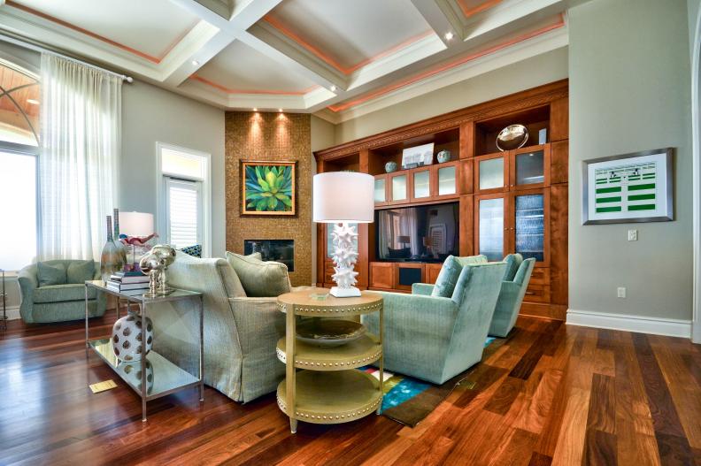 Transitional Living Room With Coffered Ceiling & Warm Hardwood Floor