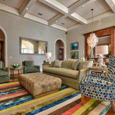 Transitional Living Room With Coffered Ceiling & Colorful Accents