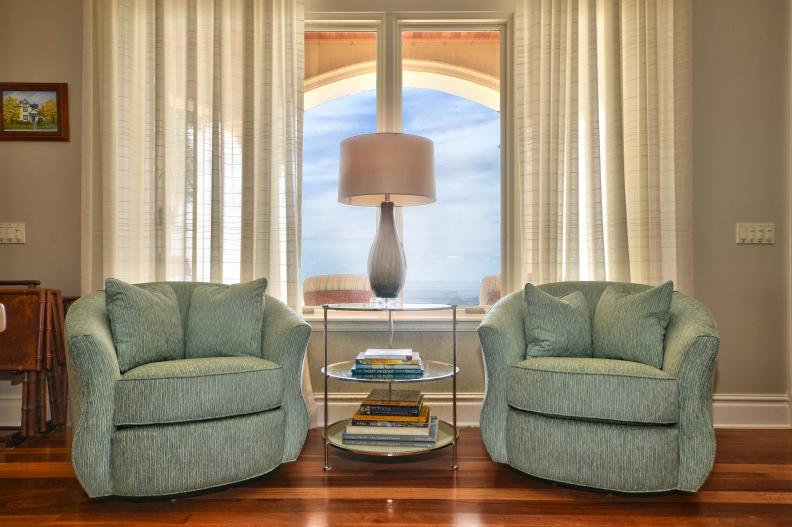 Gray Transitional Sitting Area With Light Blue Club Chairs