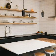 Modern Black and White Kitchen With Wall Shelving
