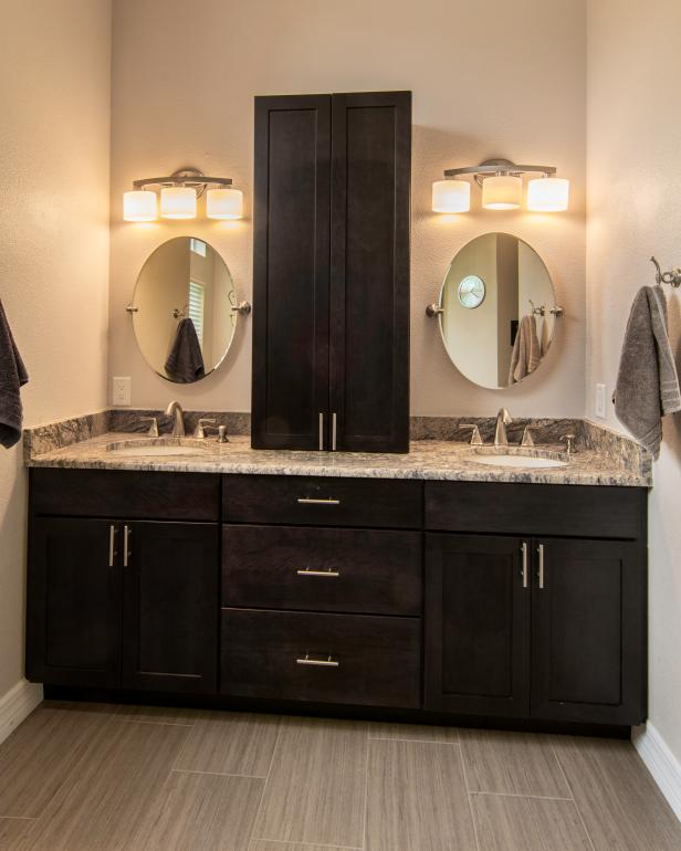 Contemporary Master Bathroom Double Sink Vanity With Round Mirrors | HGTV
